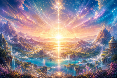 Visionäre spirituelle Landschaft mit goldenem Licht und kosmischem Himmel