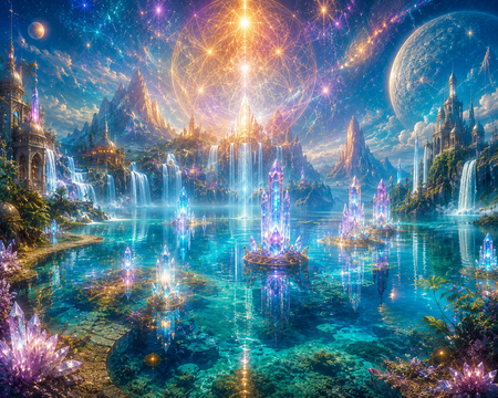 Mystische Lichtlandschaft mit Kristallen, Wasser und kosmischen Elementen