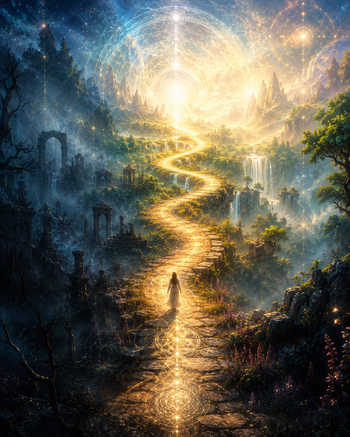 Leuchtender Weg durch eine spirituelle Landschaft als Symbol für innere Erinnerung